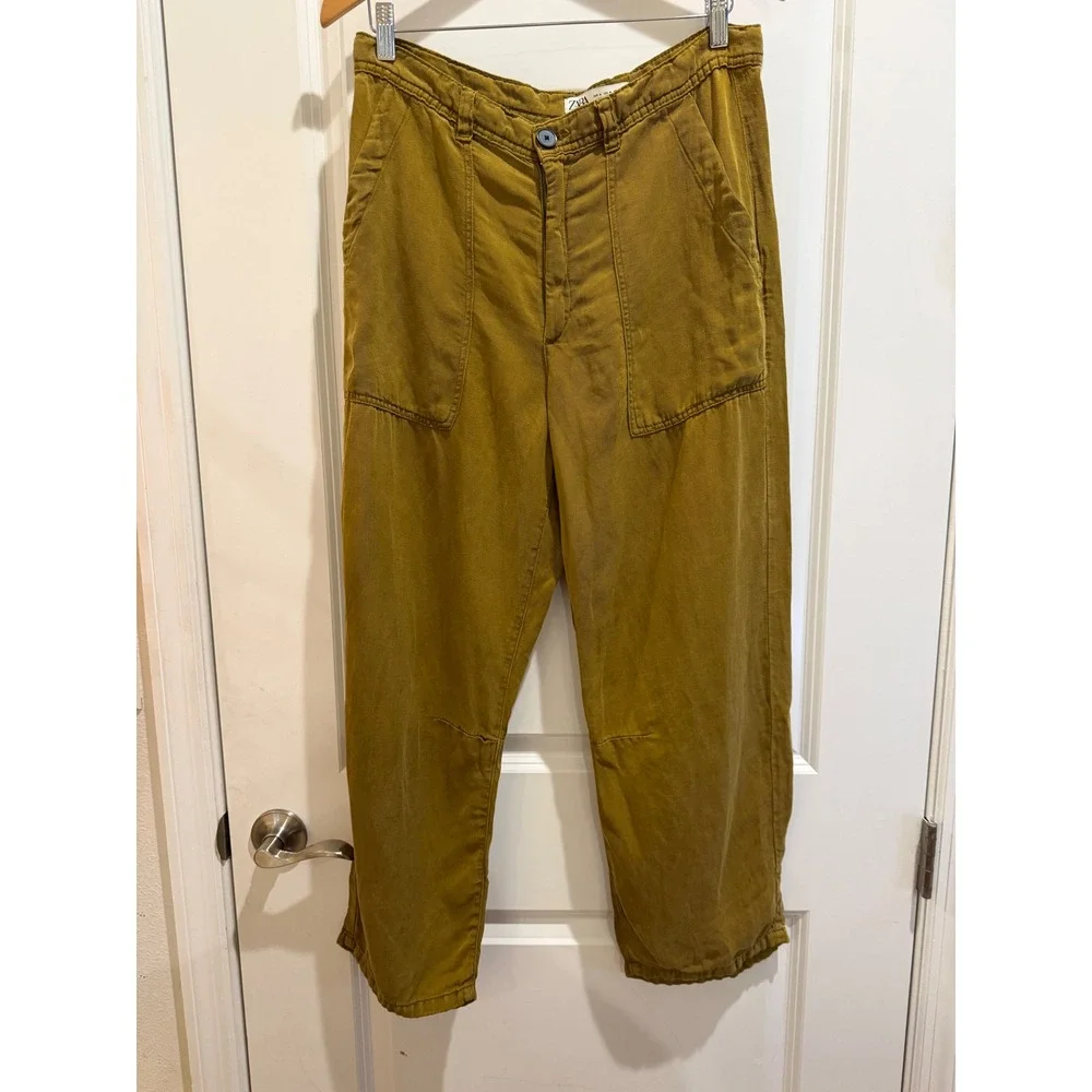 Zara Mustard Yellow Linen Blend Utility Pants Straight Leg Ochre Size M 4877/244